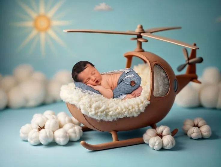 Sleeping baby in a miniature helicopter among clouds