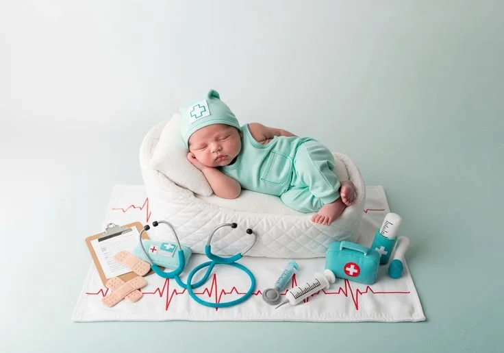 Sleeping baby in a mint-coloured bicycle-themed scene