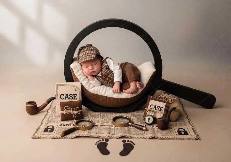 Sleeping baby in a basket under a large magnifying glass with detective props