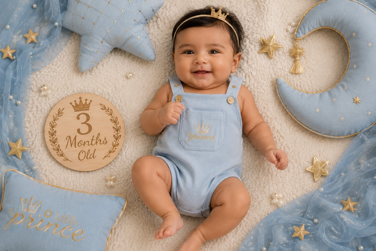 Baby in blue on a starry blanket with a crown motif and three-month plaque