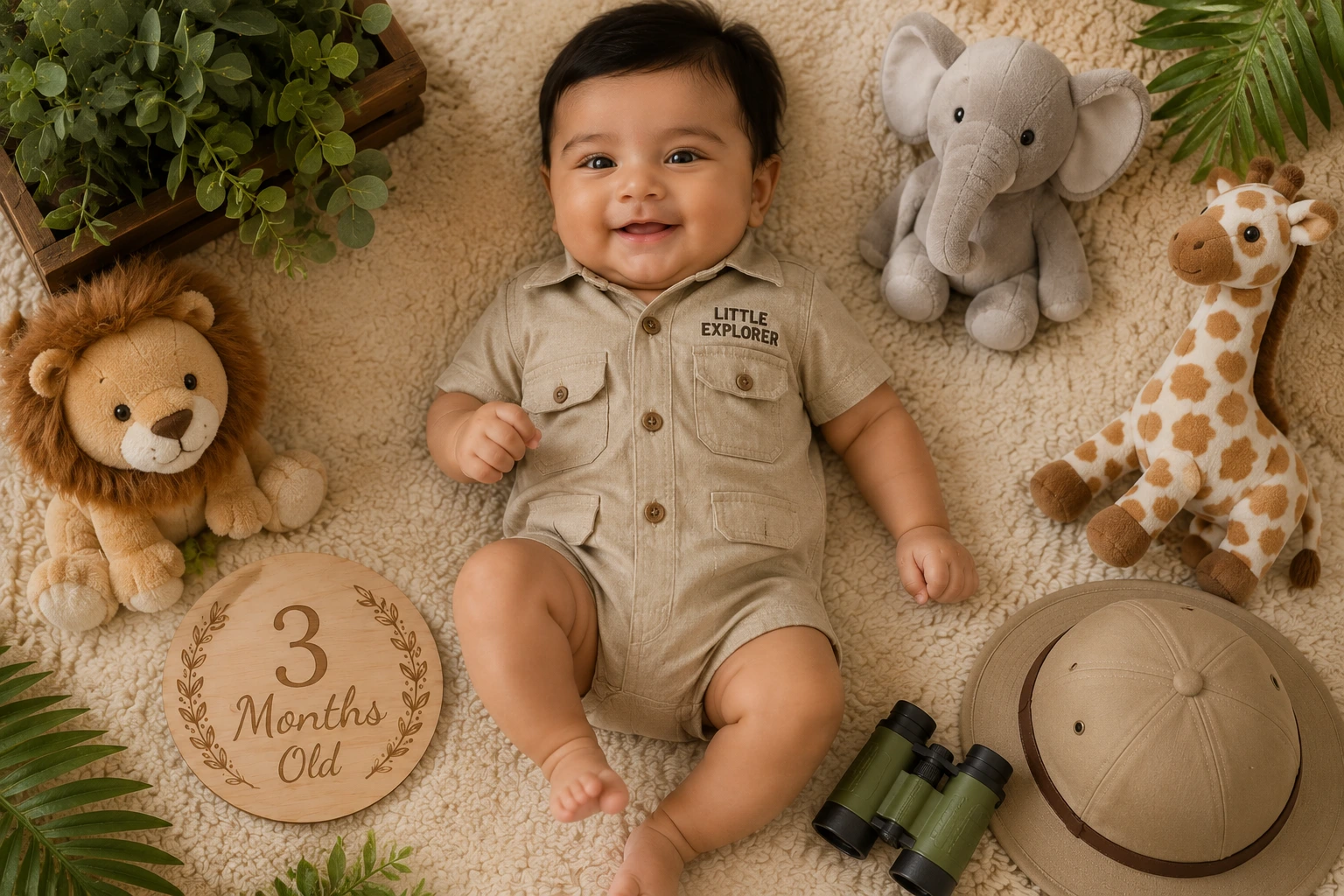 Baby with plush safari animals, greenery, binoculars and a three-month plaque