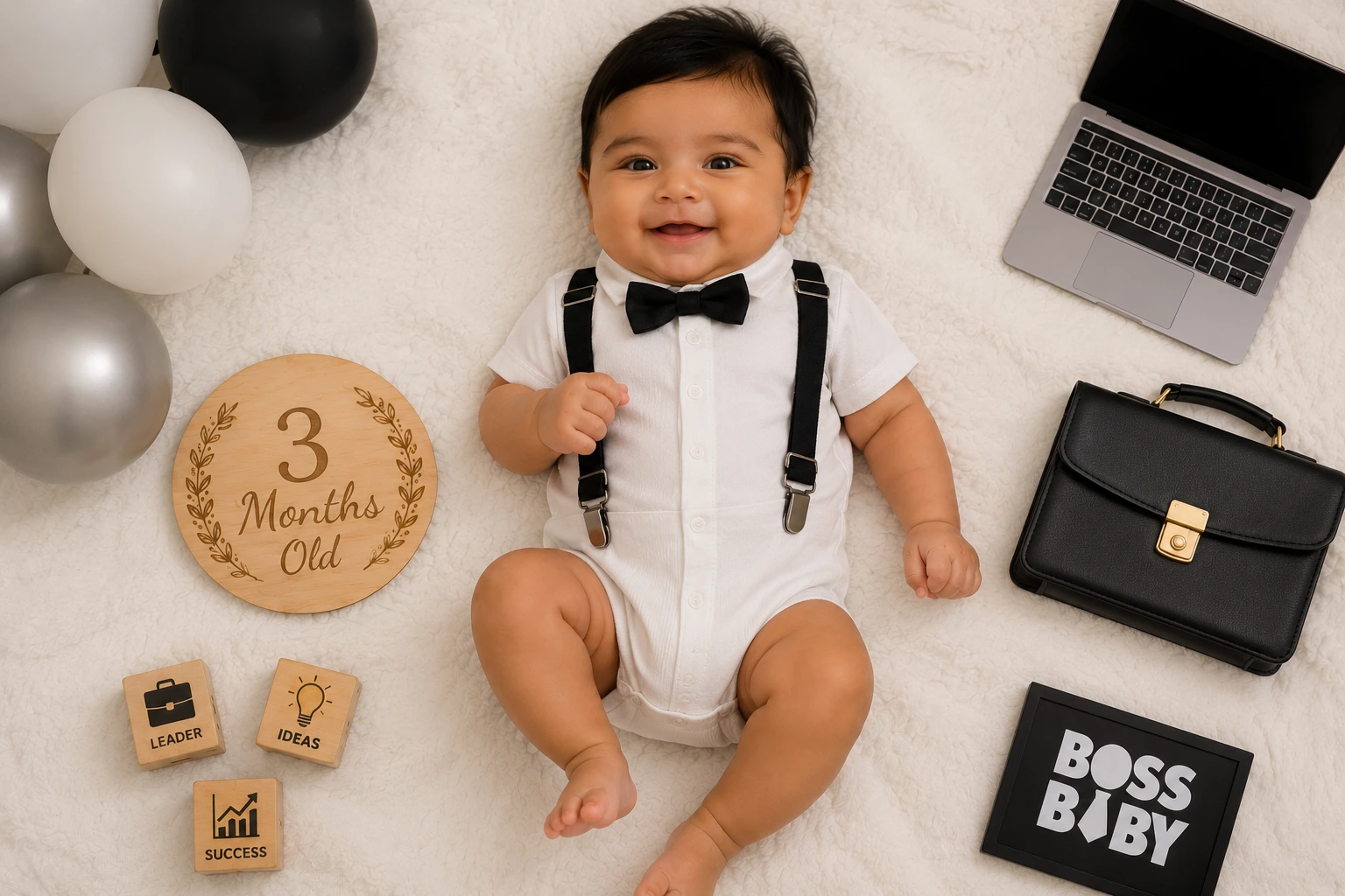 Baby with a bow tie and braces beside a laptop, briefcase and three-month plaque