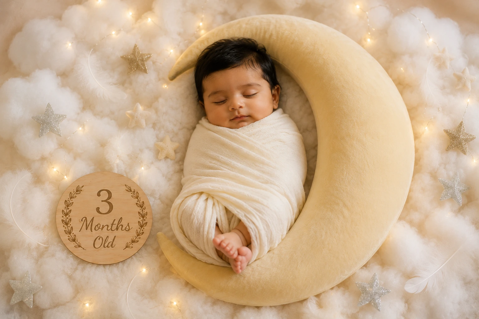 Swaddled baby resting on a golden crescent moon among white clouds
