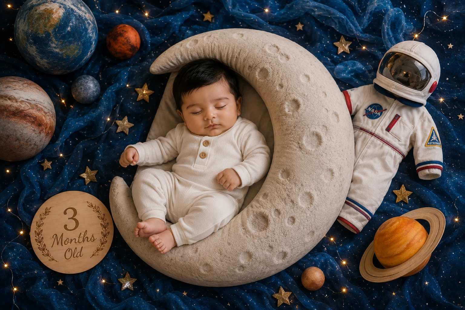 Sleeping baby on a crescent moon surrounded by planets and an astronaut figure