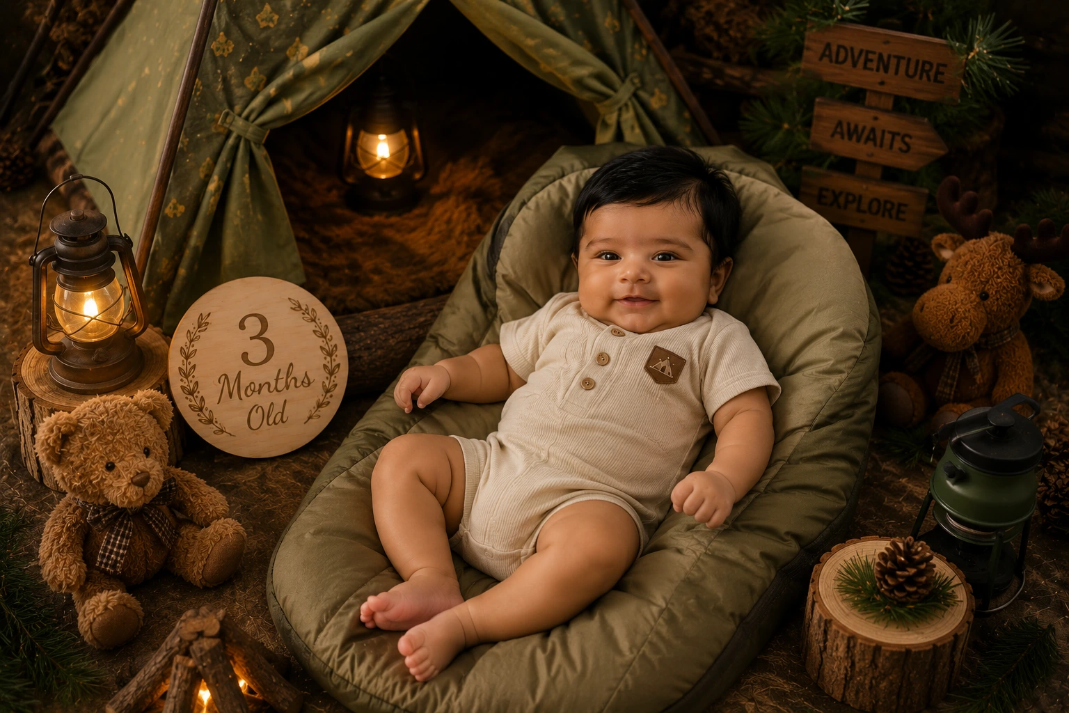 Baby in an olive outfit inside a tent with lanterns and a three-month plaque