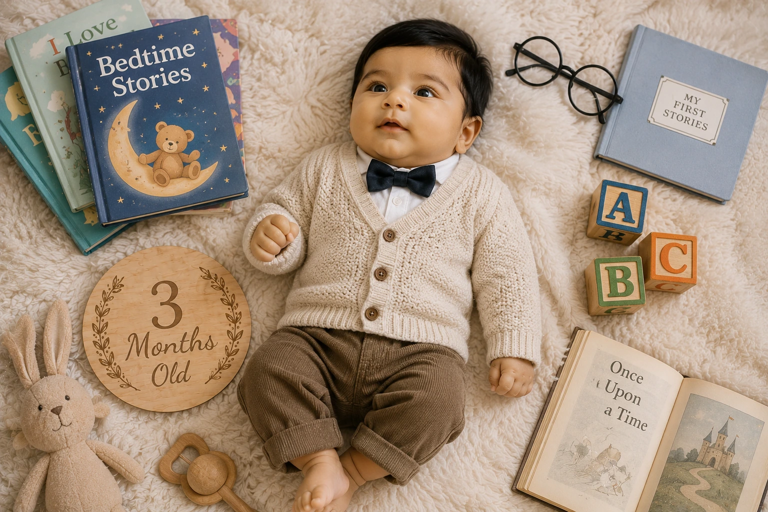 Baby beside storybooks, alphabet blocks, spectacles and a three-month plaque
