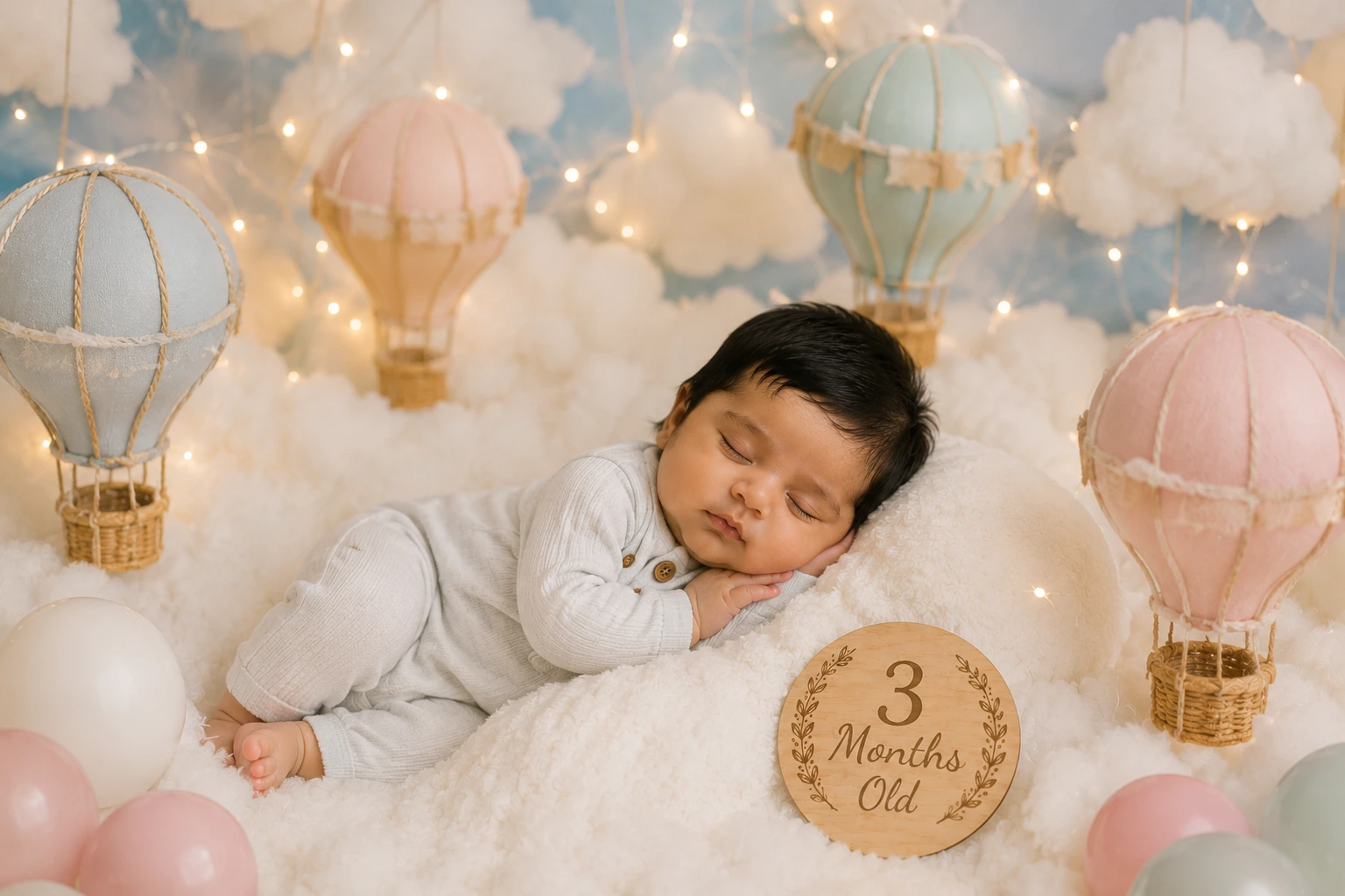 Sleeping baby among pastel hot-air balloons, clouds and a three-month plaque