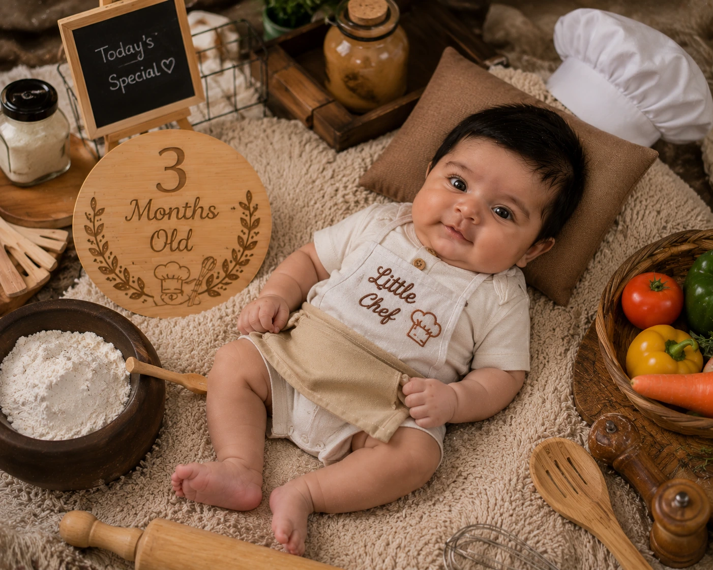 Baby beside a chef hat, rolling pin, flour and a three-month milestone plaque