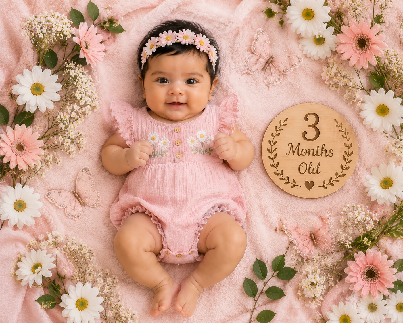Baby in pink on a daisy-covered blanket beside a three-month milestone plaque