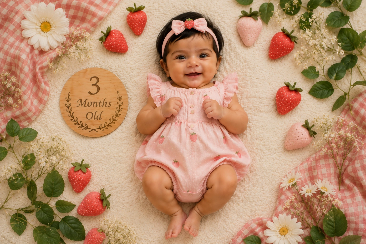 Baby in a pink outfit among strawberries, daisies and a three-month plaque