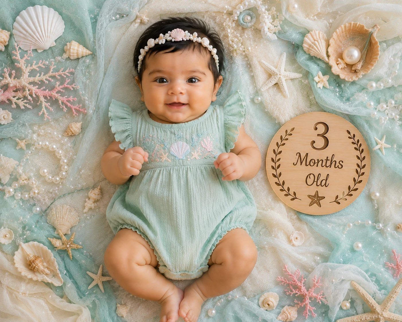 Baby in an aqua outfit surrounded by seashells and a three-month milestone plaque