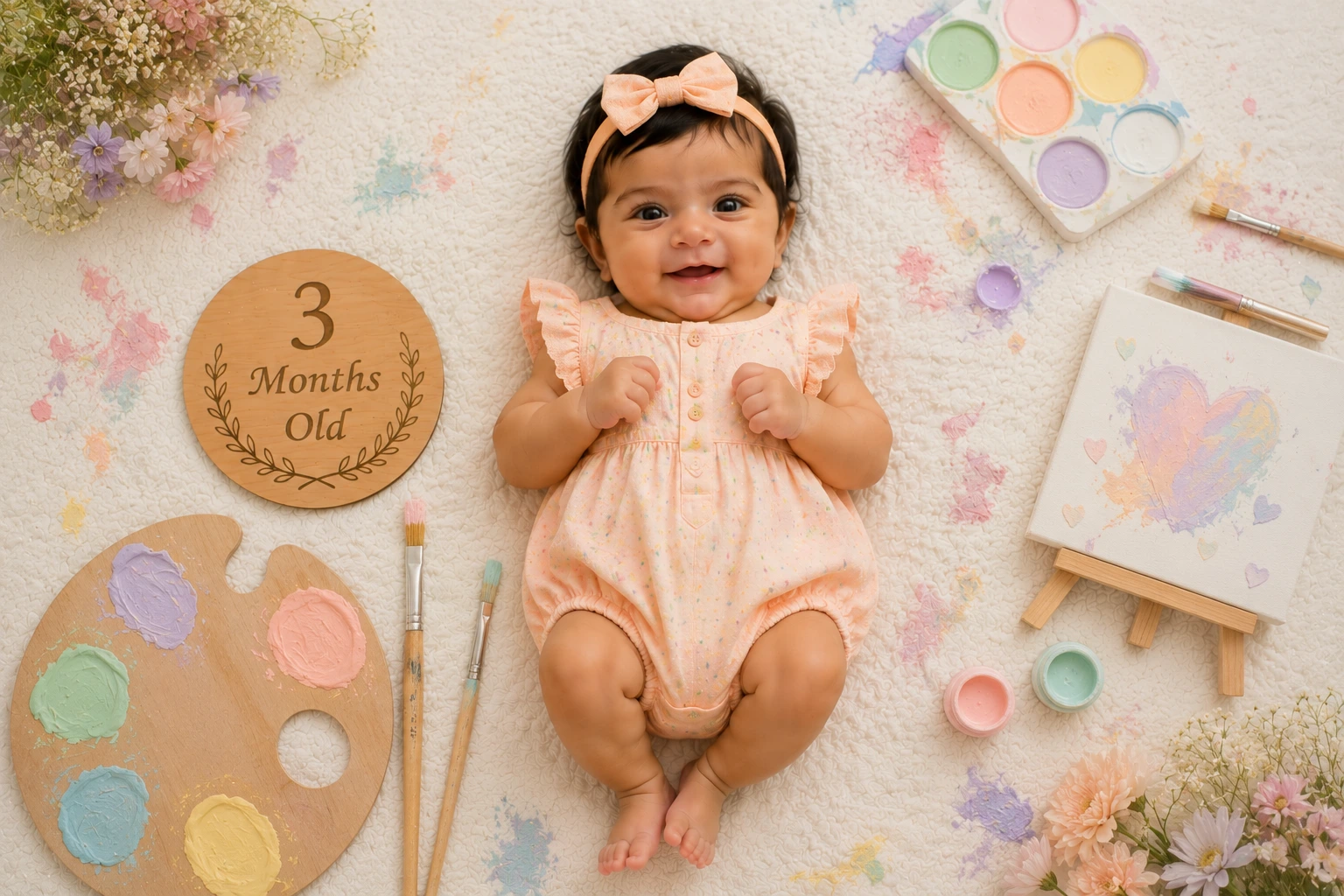 Baby in a peach outfit beside pastel paints, brushes, a canvas and a three-month plaque