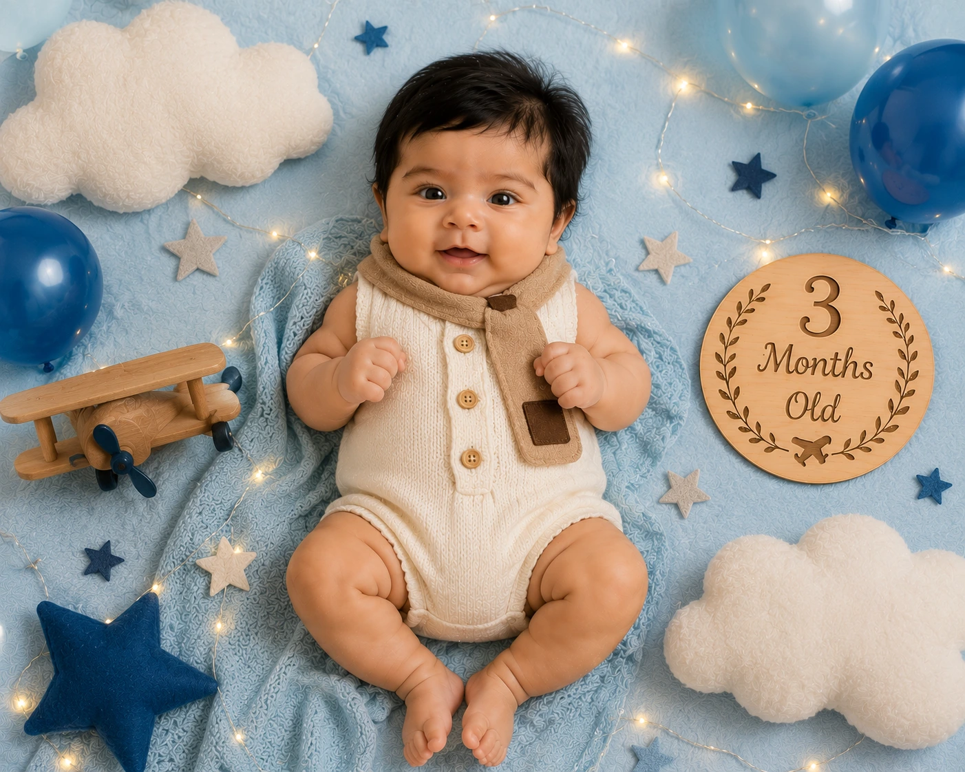 Baby on a blue blanket with cloud shapes, stars, a wooden plane and a three-month plaque