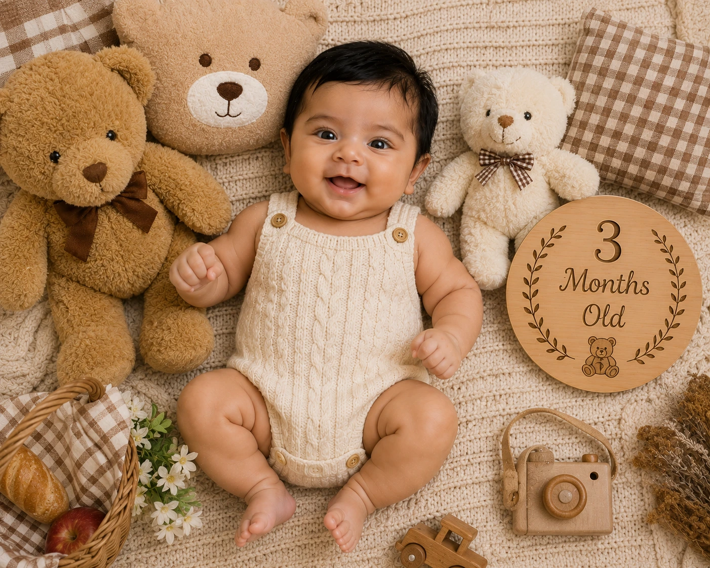 Baby in cream knitwear surrounded by teddy bears and a three-month plaque