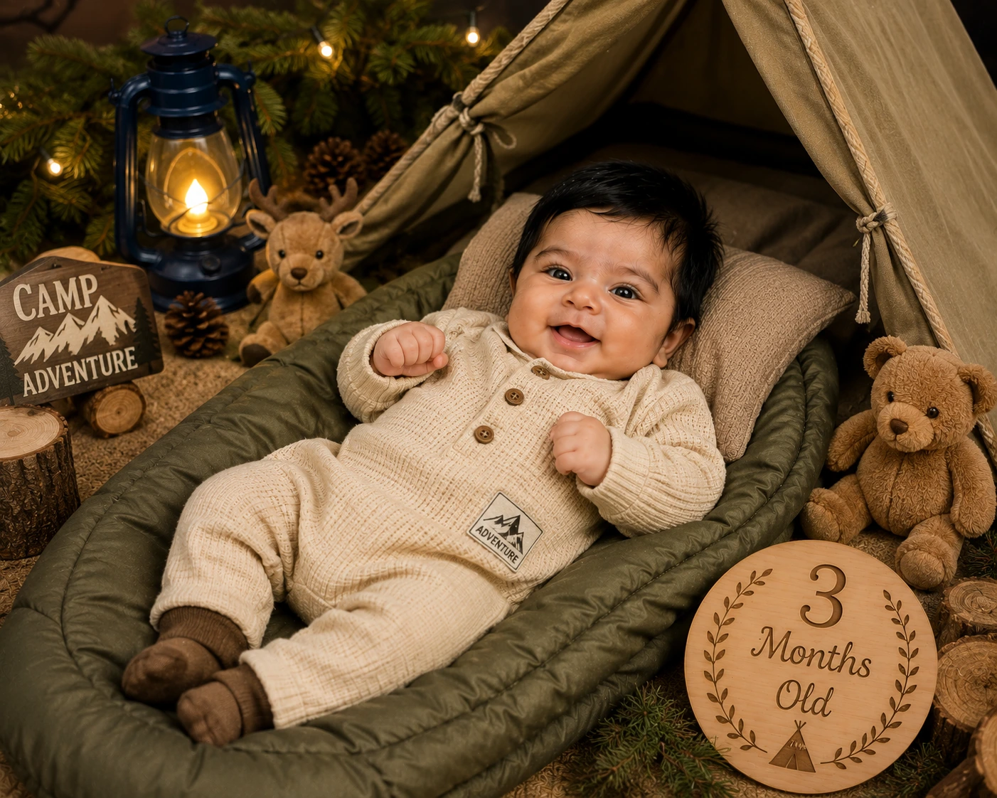 Baby in a beige outfit inside a woodland tent with a lantern and teddy bears