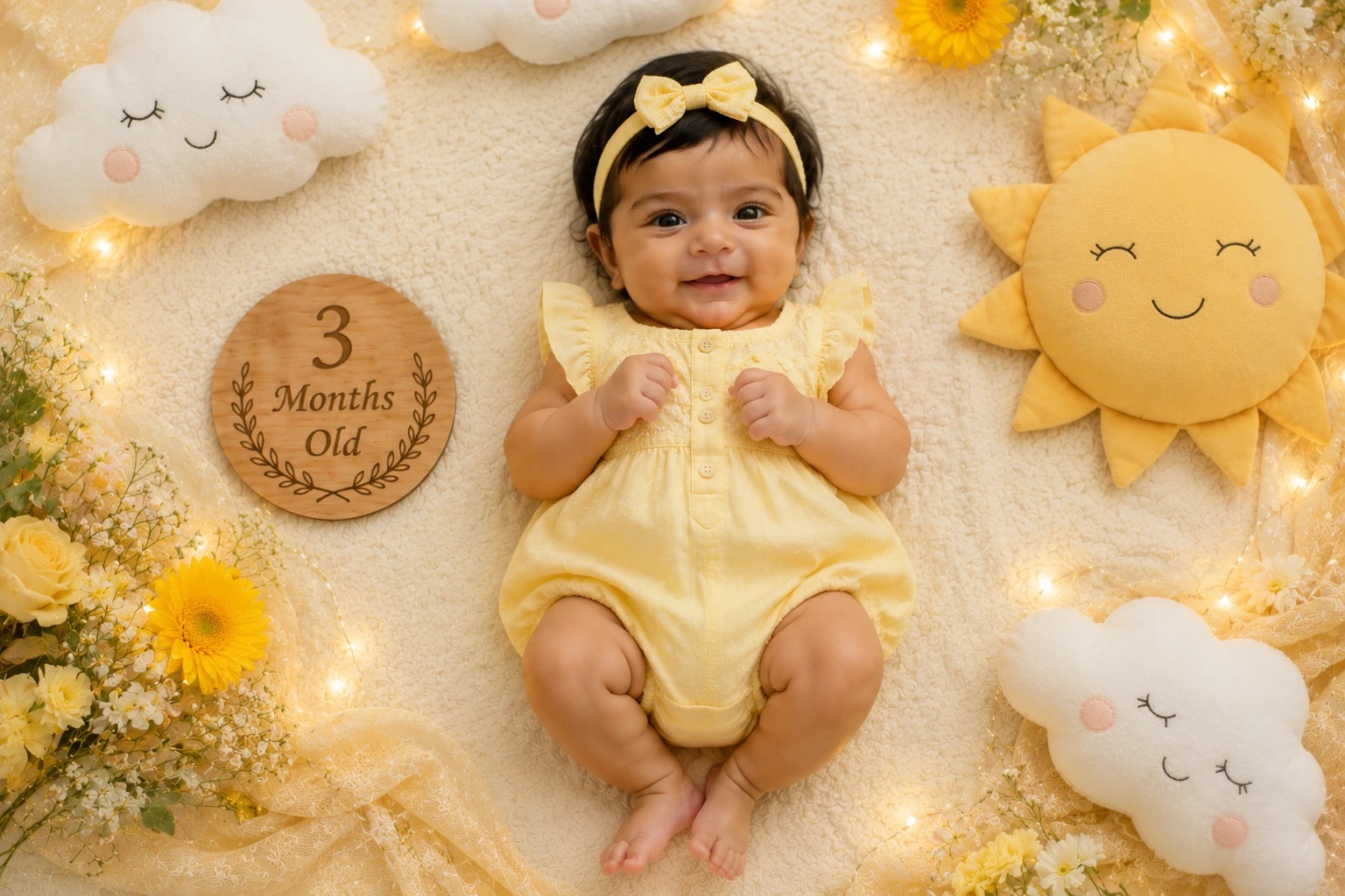 Baby in yellow beside a smiling sun, clouds, flowers and a three-month plaque