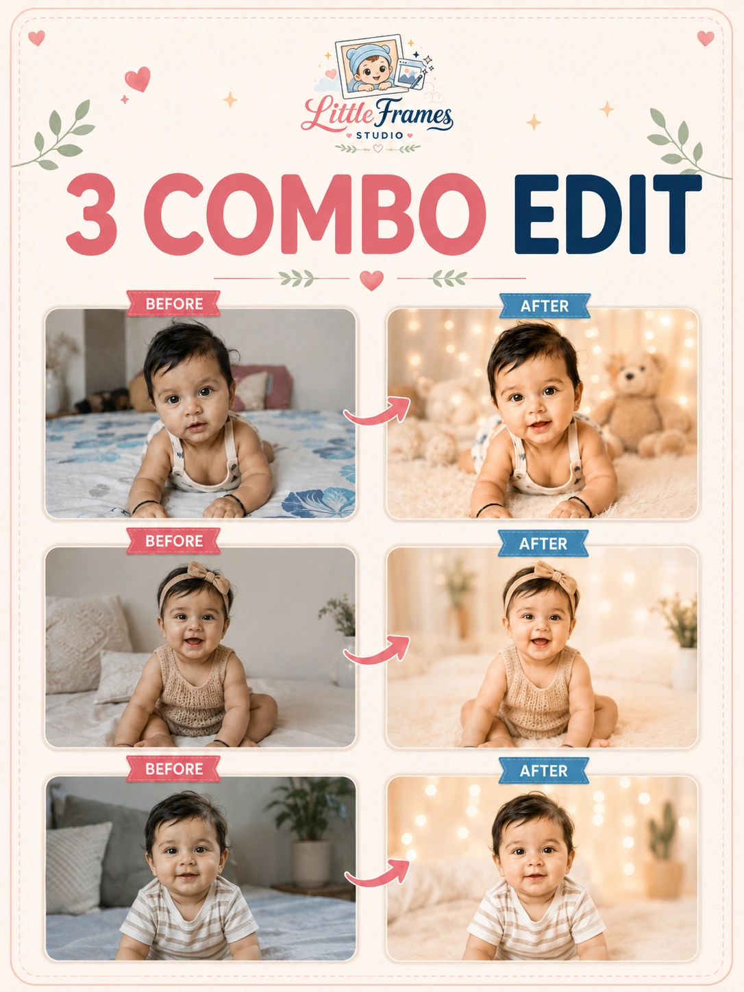 Little Frames Studio three-edit package poster with labelled before and after sample images