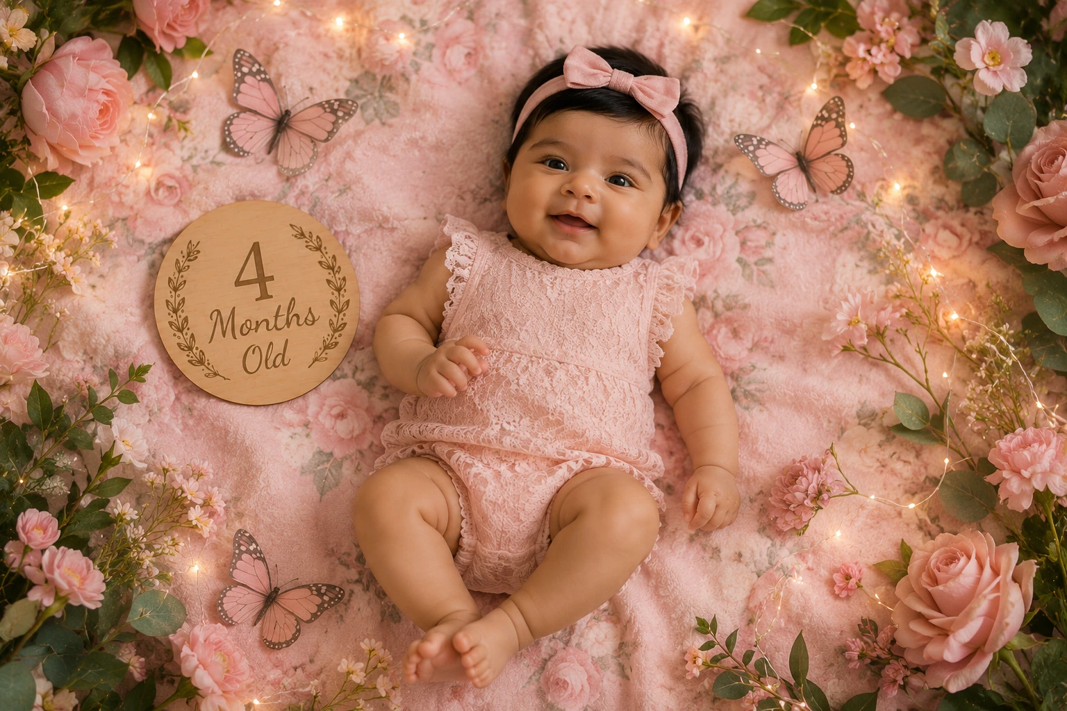 Baby in pink among rose blossoms and lights beside a four-month plaque