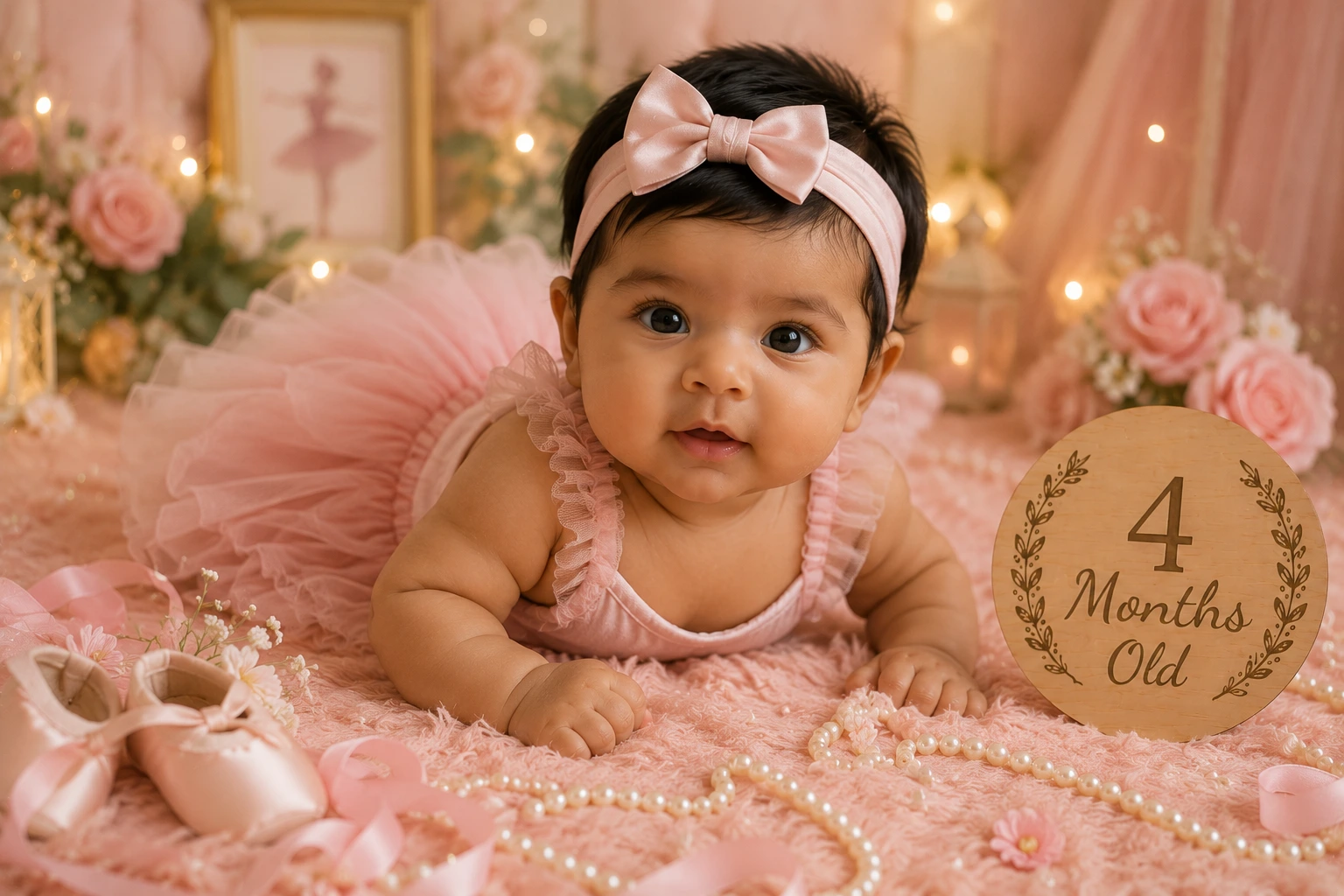 Baby in pink with a pearl headband among roses and a four-month plaque