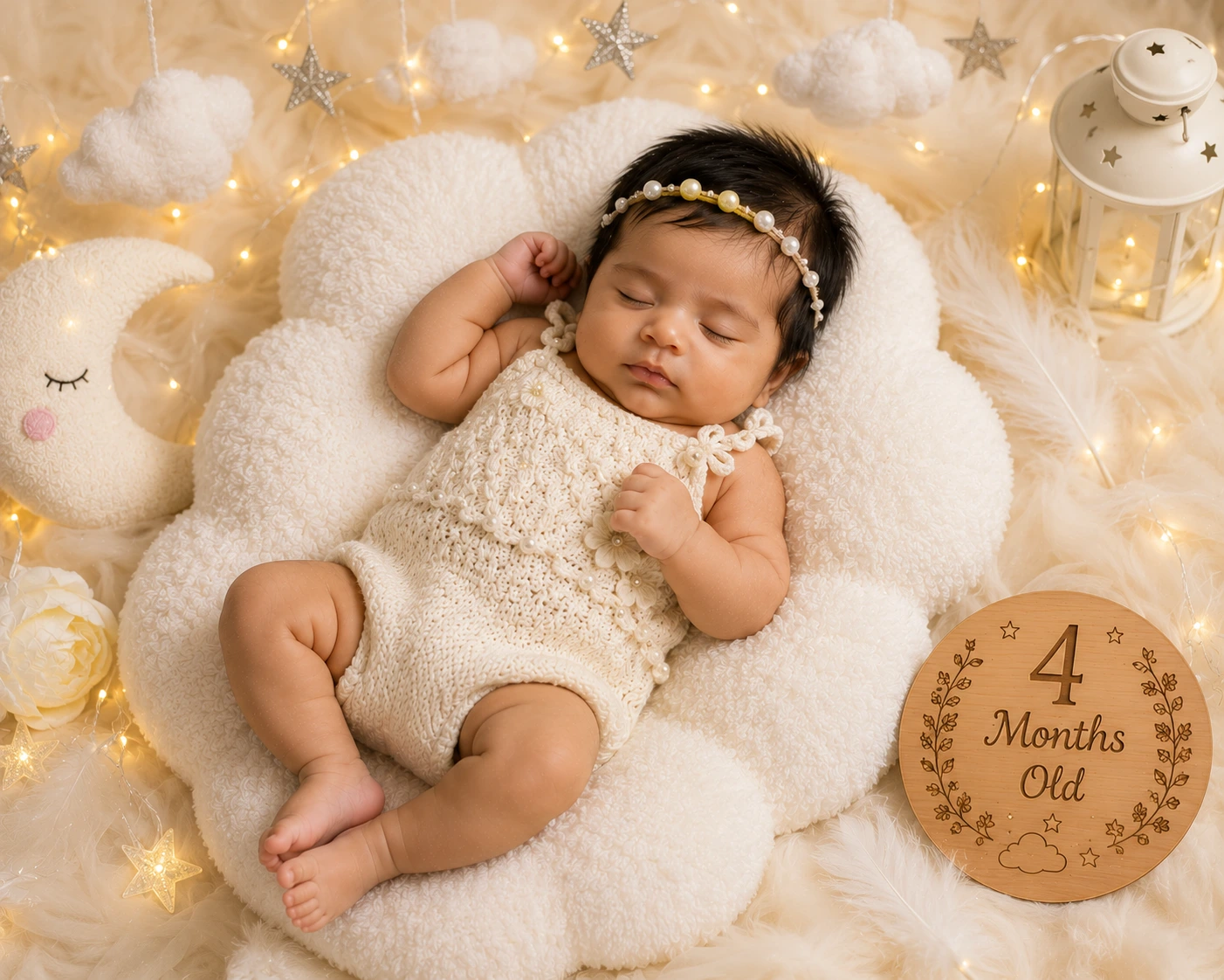 Sleeping baby on a white cloud cushion beside a four-month plaque