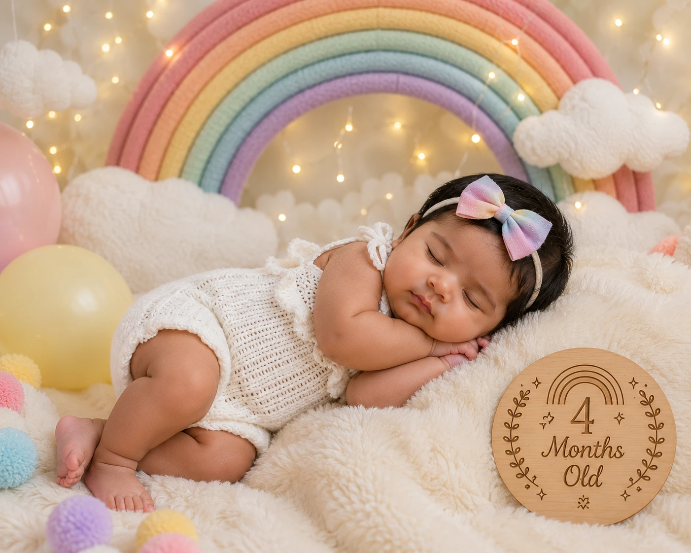 Sleeping baby under a pastel rainbow with clouds and a four-month plaque
