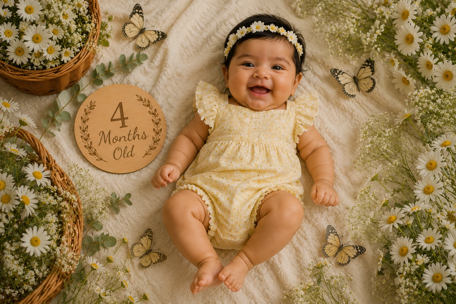 Baby in yellow on a daisy-covered blanket beside a four-month plaque
