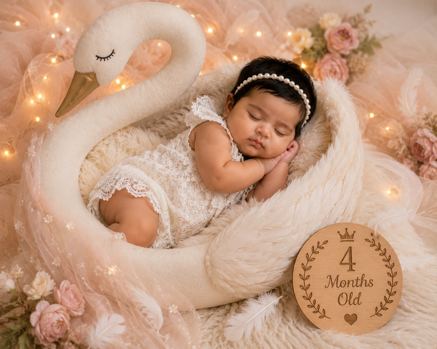Sleeping baby in a swan-shaped scene with pink flowers and a four-month plaque