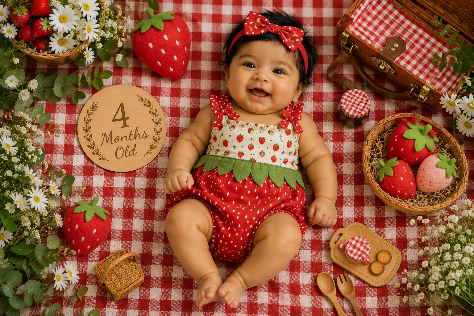 Baby in a strawberry outfit on red gingham with a four-month plaque