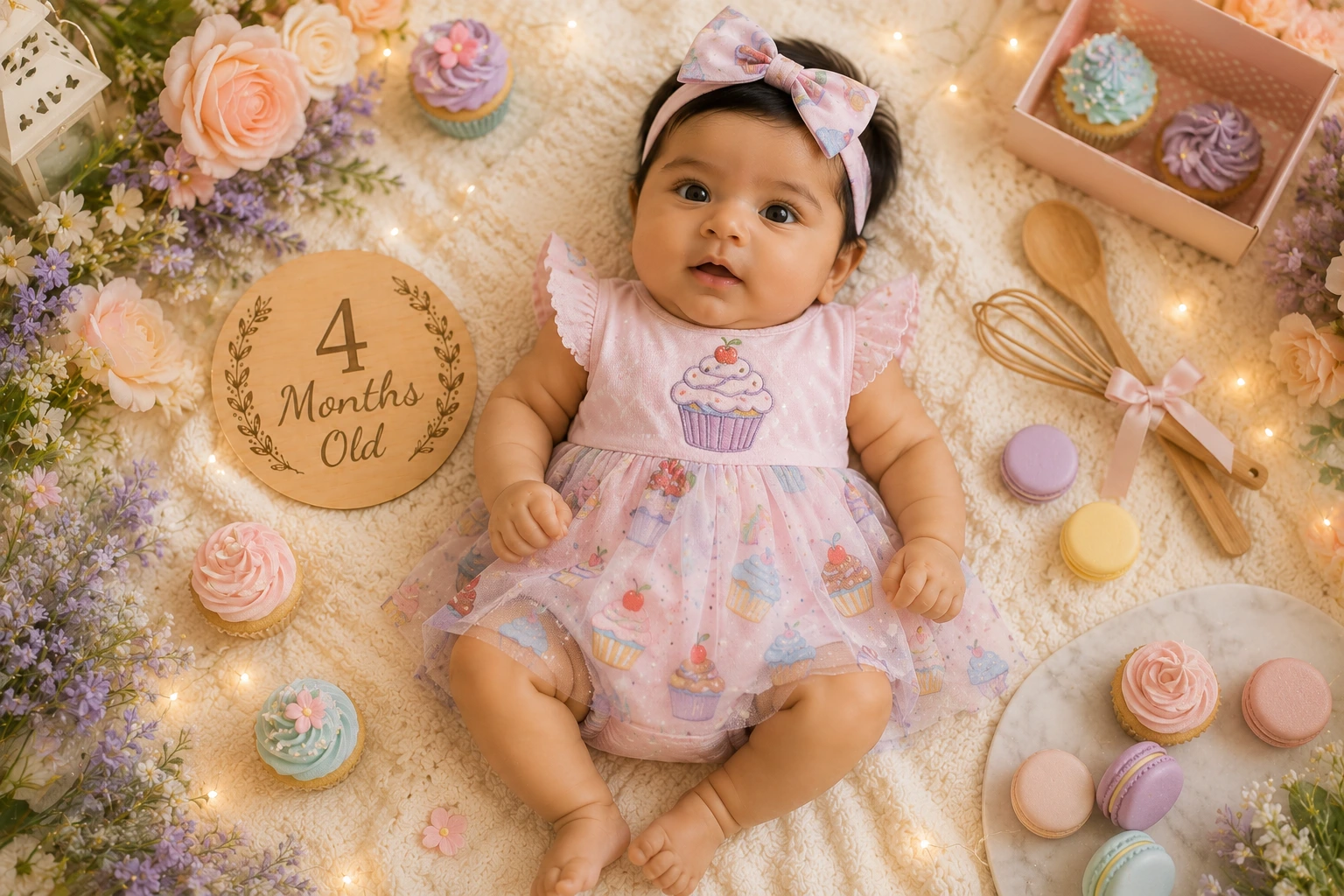 Baby surrounded by pastel cupcakes and flowers with a four-month plaque