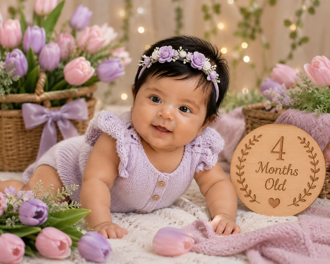 Baby in lavender knitwear among tulips beside a four-month plaque