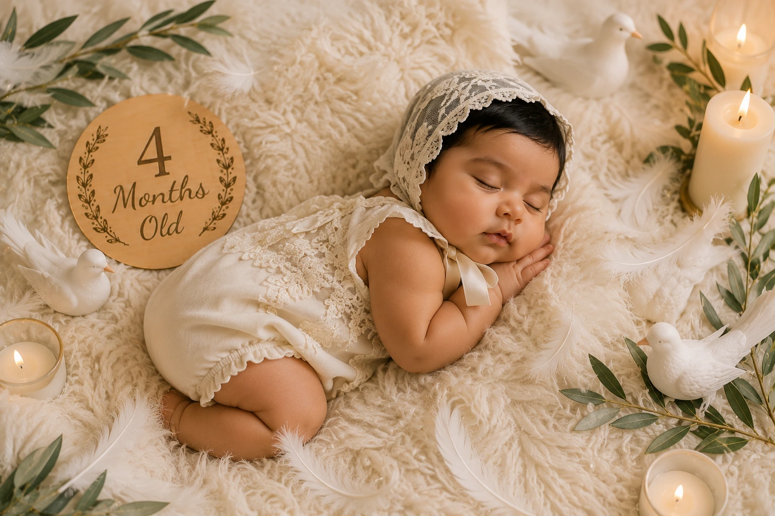 Sleeping baby on ivory knit fabric with pampas grass and a four-month plaque