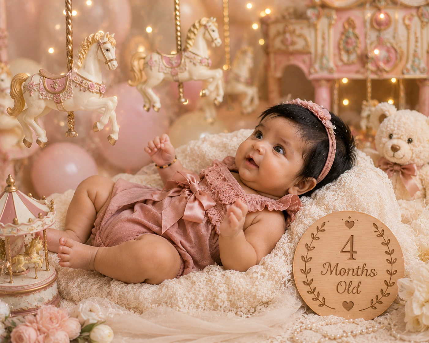 Baby in pink beside miniature carousel horses and a four-month plaque