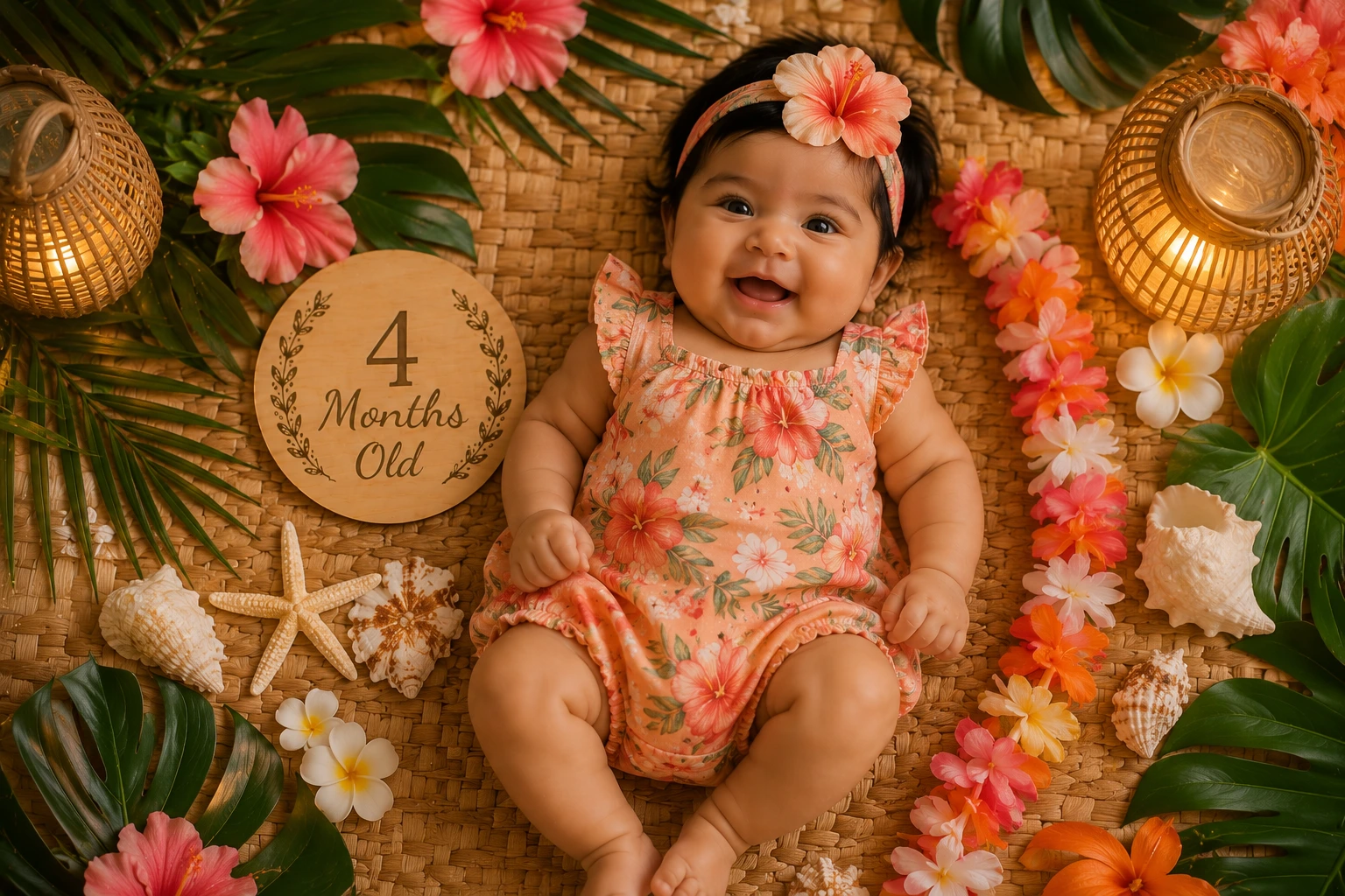 Baby among tropical leaves, pink flowers and a four-month plaque