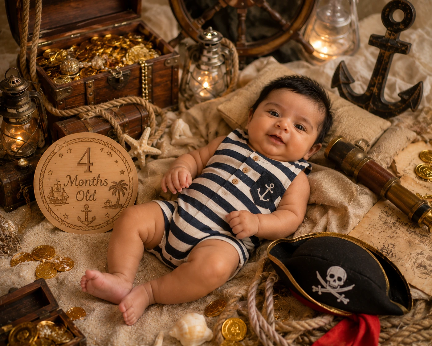 Baby in a striped outfit among treasure, rope and a four-month plaque