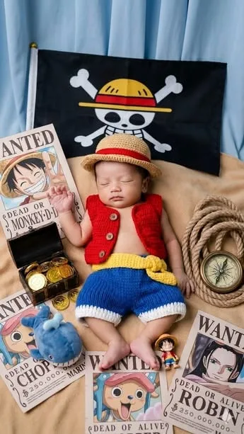 Baby in a red pirate outfit beside a pirate flag and illustrated posters