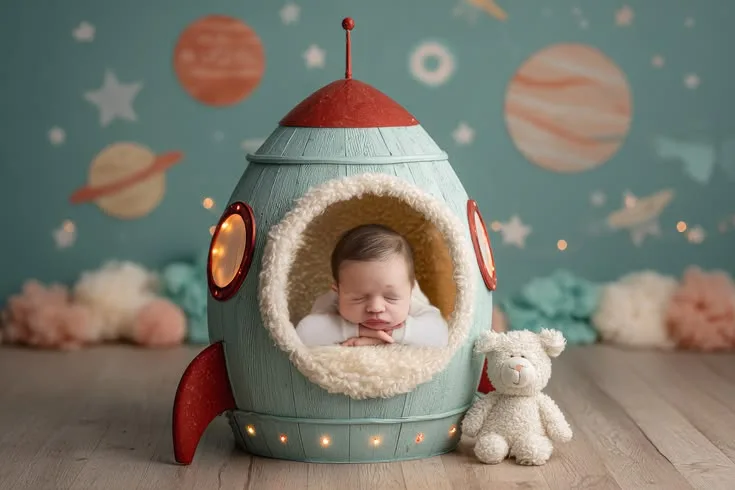 Sleeping baby in a miniature rocket against a space-themed background