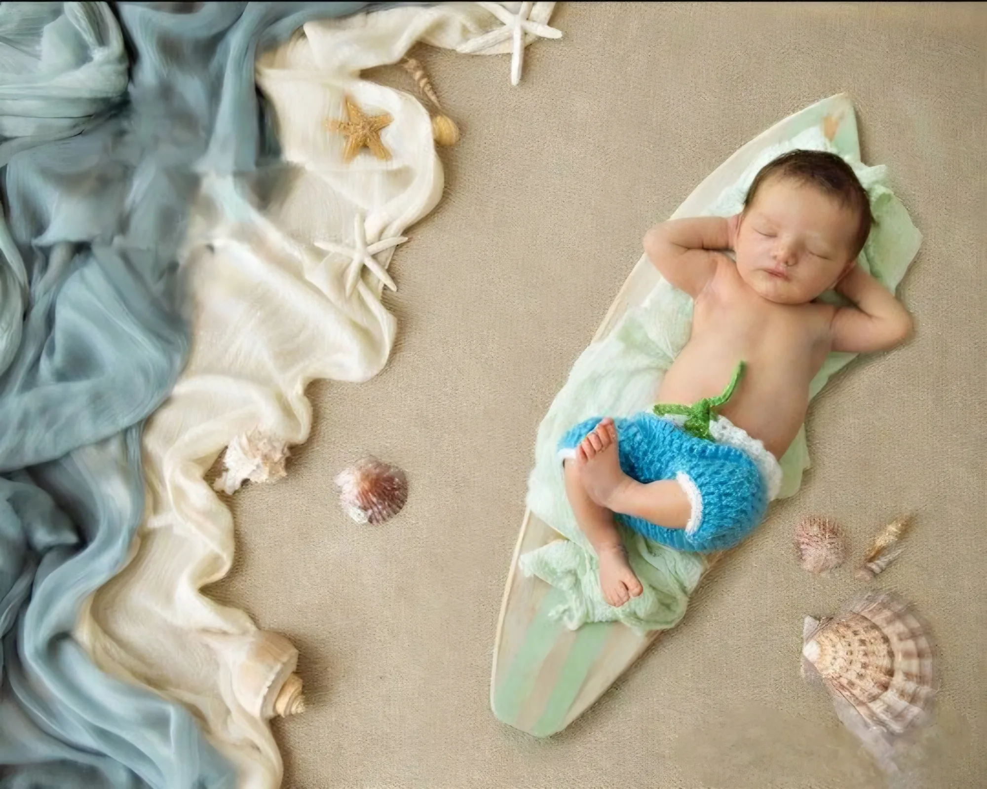 Newborn on a pale surfboard-shaped prop with a blue fish and seashells