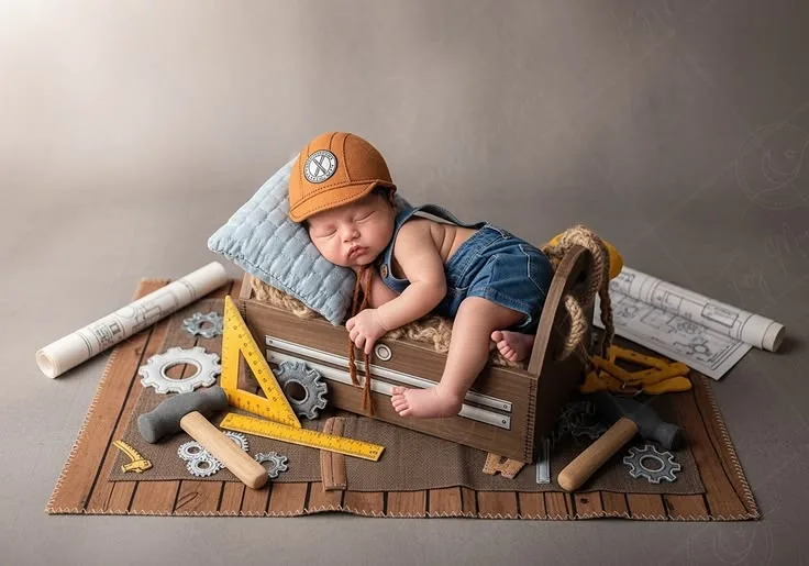 Baby in a tiny builder outfit beside a toy saw, ruler and workshop tools