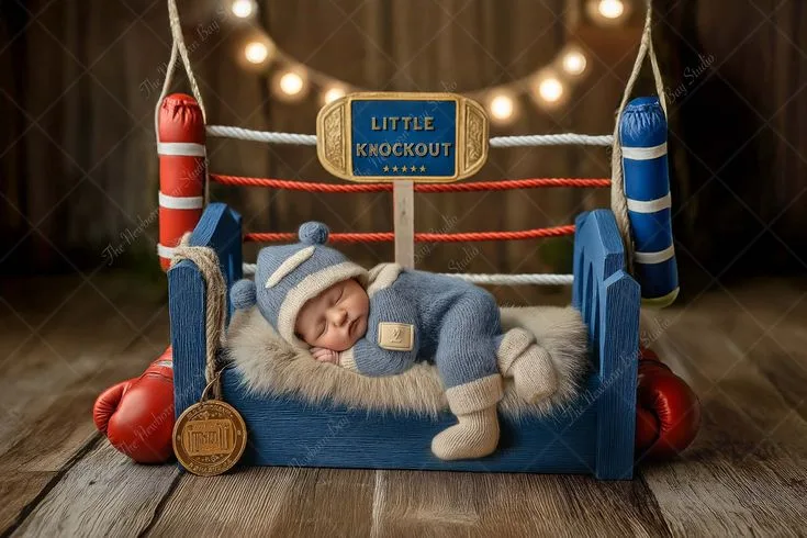 Sleeping baby in a miniature boxing ring with gloves and a medal