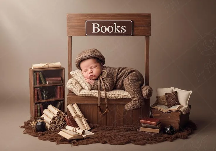 Sleeping baby in a wooden book crate beside miniature bookshelves