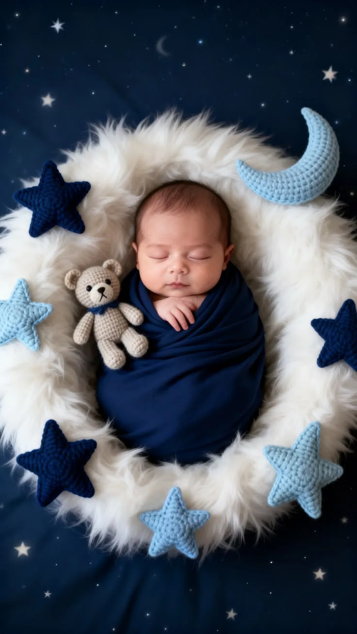 Sleeping baby wrapped in blue on white fur with stars and a crescent moon