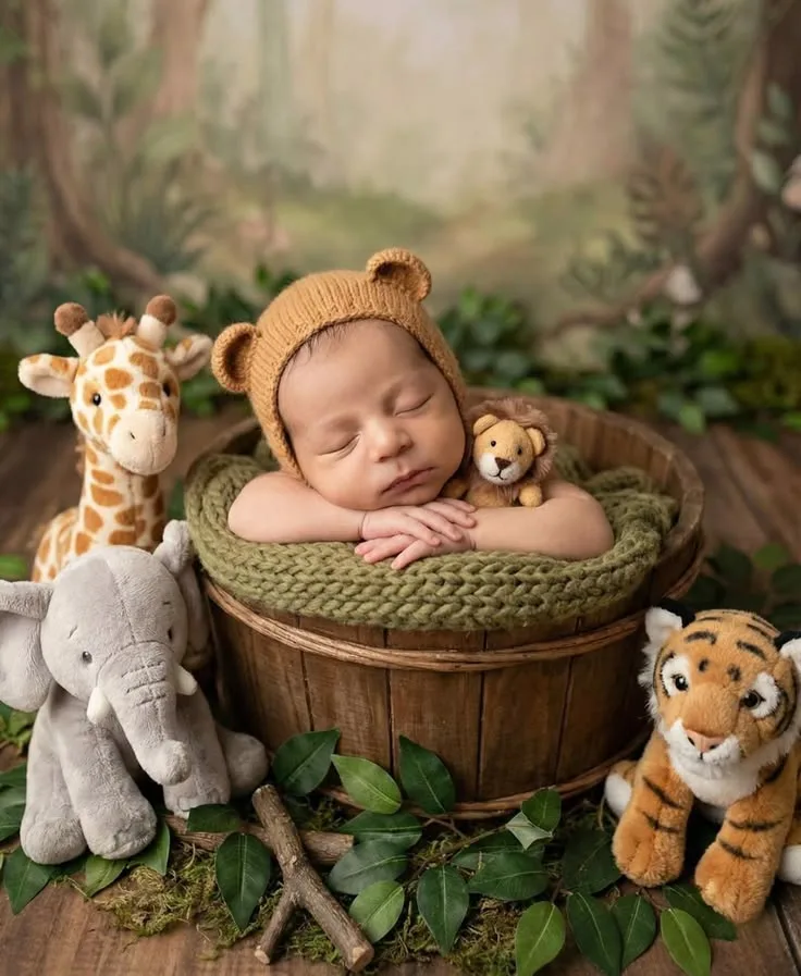 Sleeping newborn in a woven basket surrounded by plush jungle animals