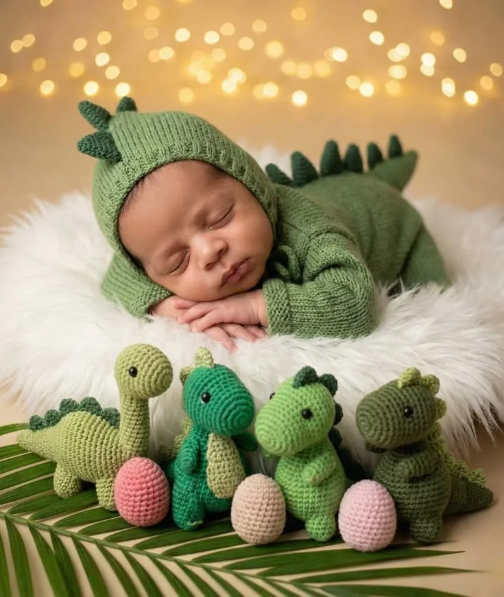 Sleeping baby in a green dinosaur outfit among crocheted dinosaurs