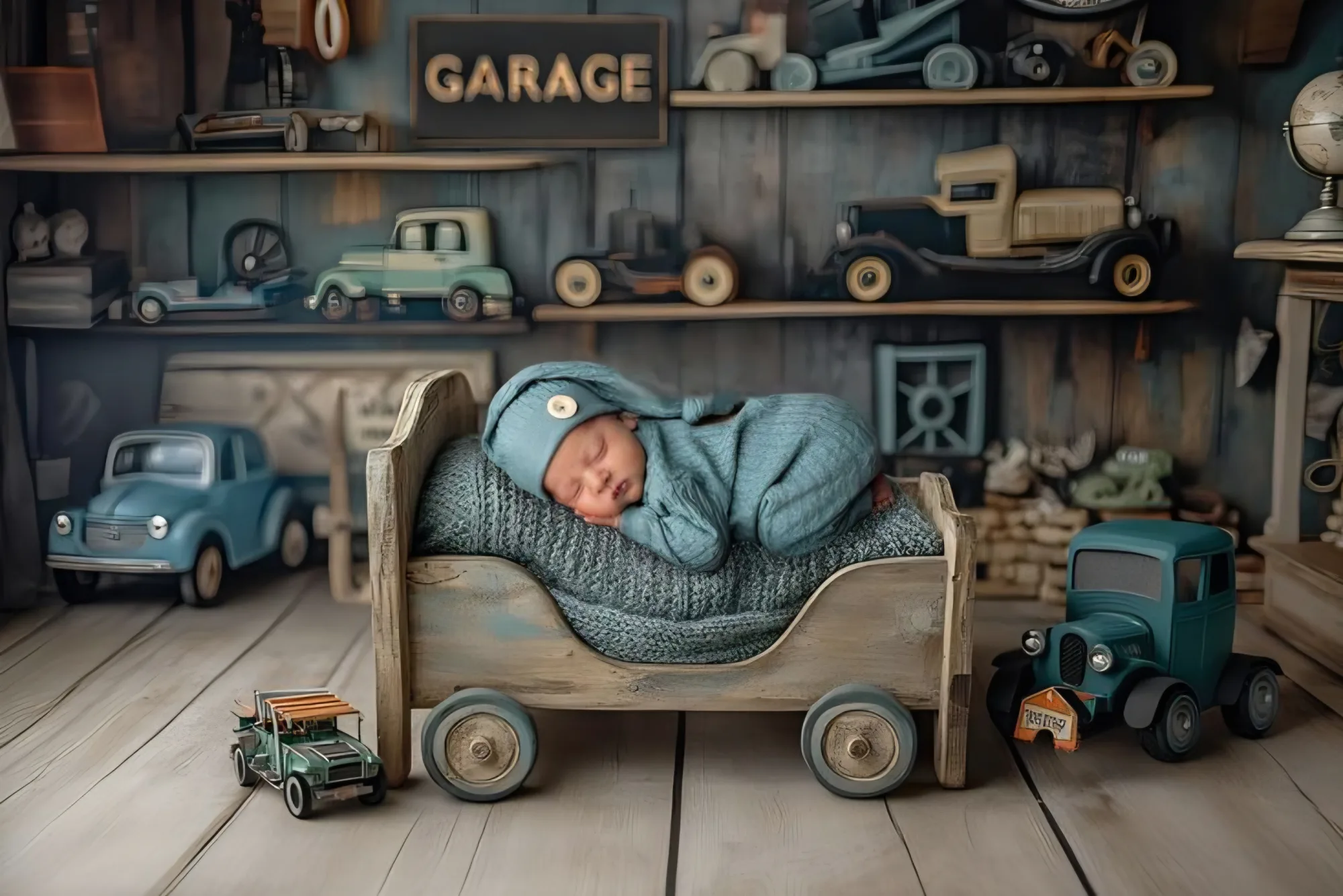 Sleeping baby in a toy vehicle with garage shelves and model cars
