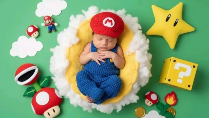 Baby in a red cap and blue outfit in a colourful video-game-inspired scene