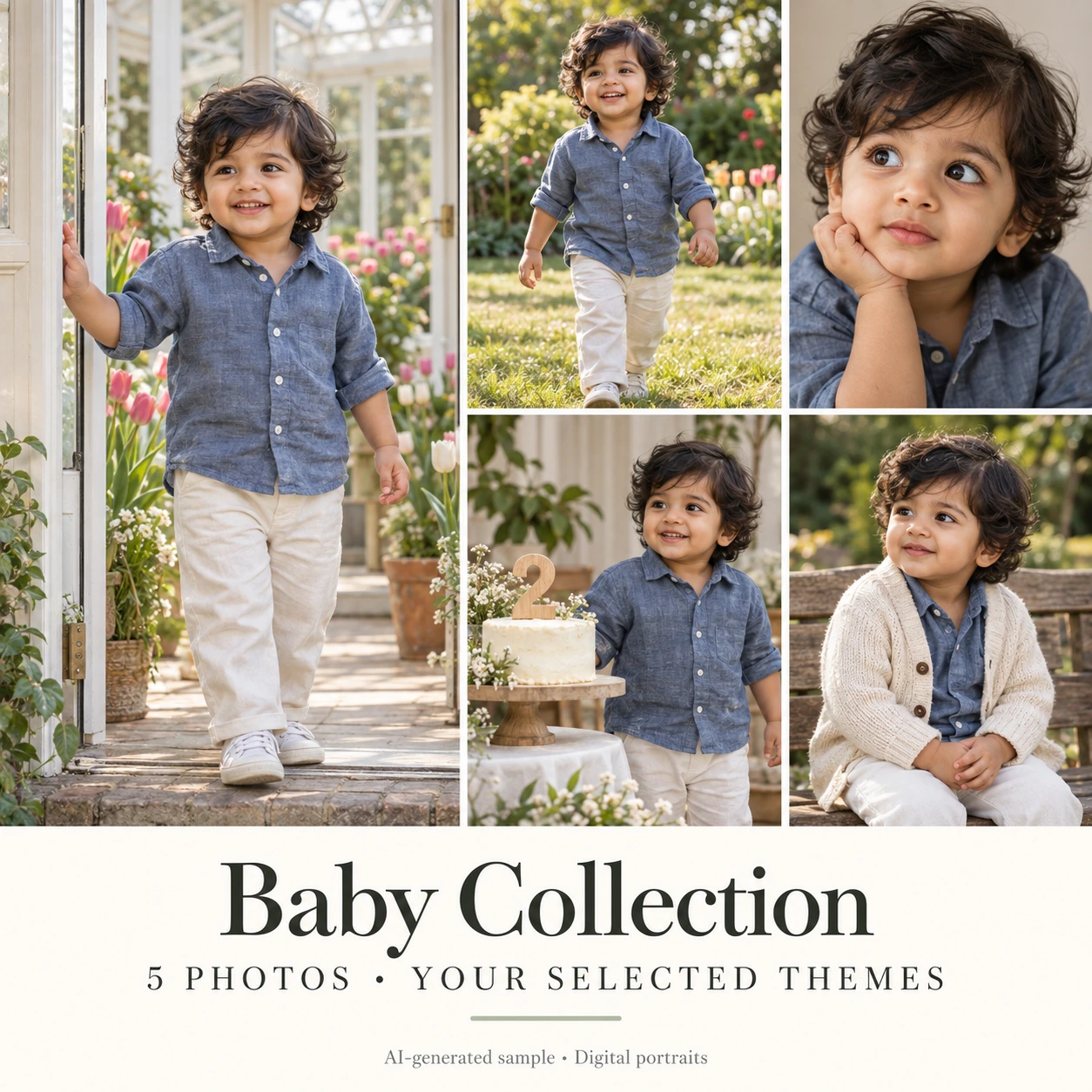 Five AI-generated sample child portraits showing studio, garden, close-up, birthday and bench scenes