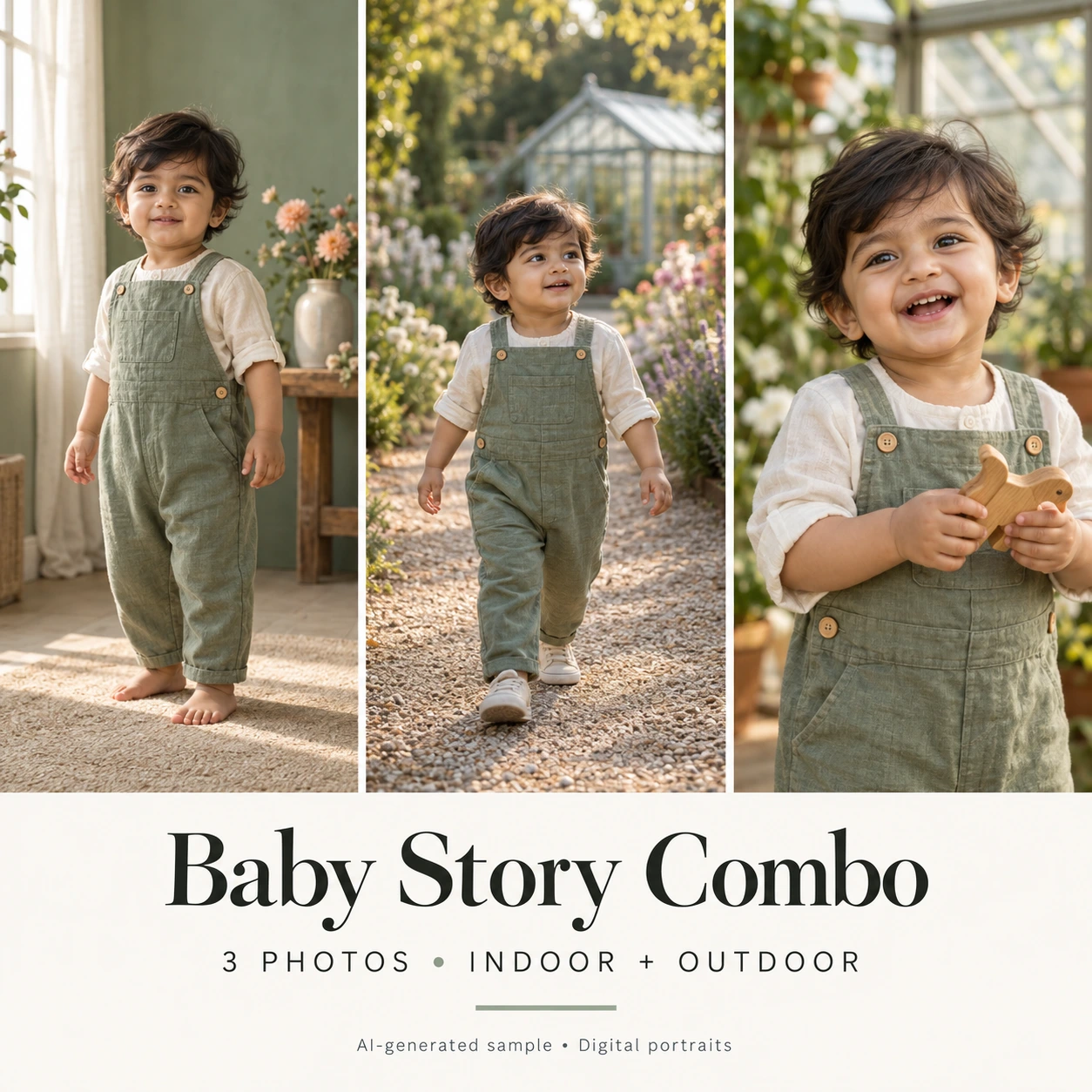 Three AI-generated sample portraits of the same child: a window-lit studio, garden walk and close portrait