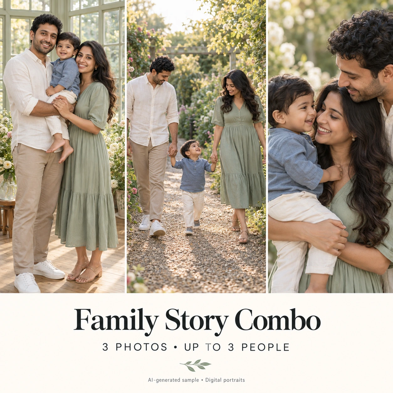 Three AI-generated sample portraits of a three-person family: studio portrait, garden walk and close family interaction