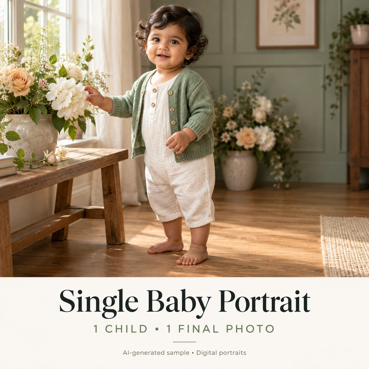 AI-generated sample of a child beside a wooden bench in a detailed window-lit studio; one final portrait package