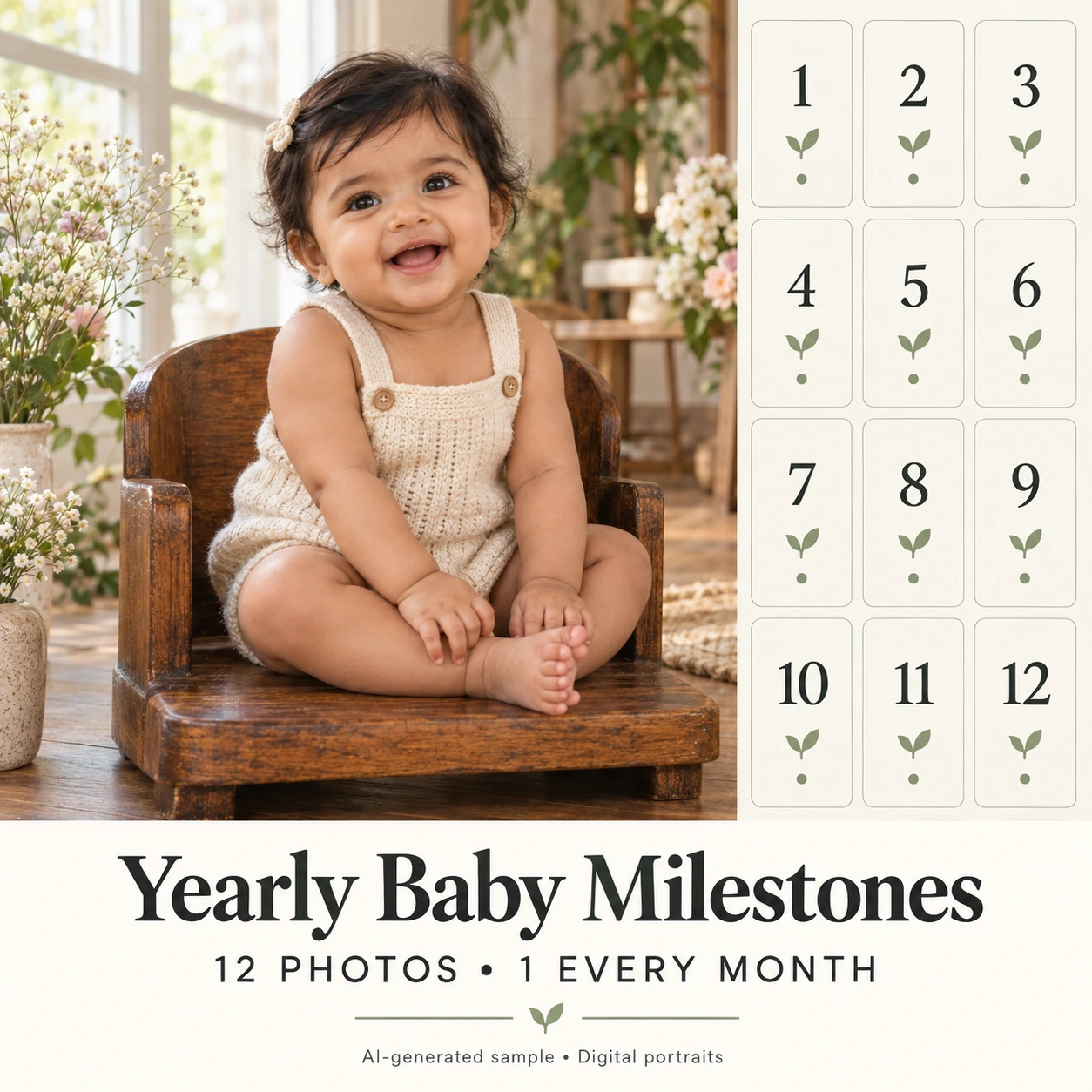AI-generated baby portrait beside a numbered 1 to 12 calendar illustrating one digital milestone photo every month
